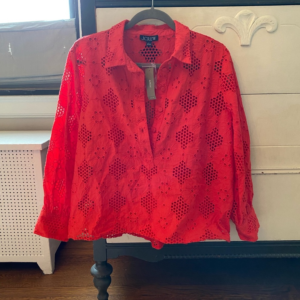 J. Crew Eyelet Popover Top in Geranium NWT